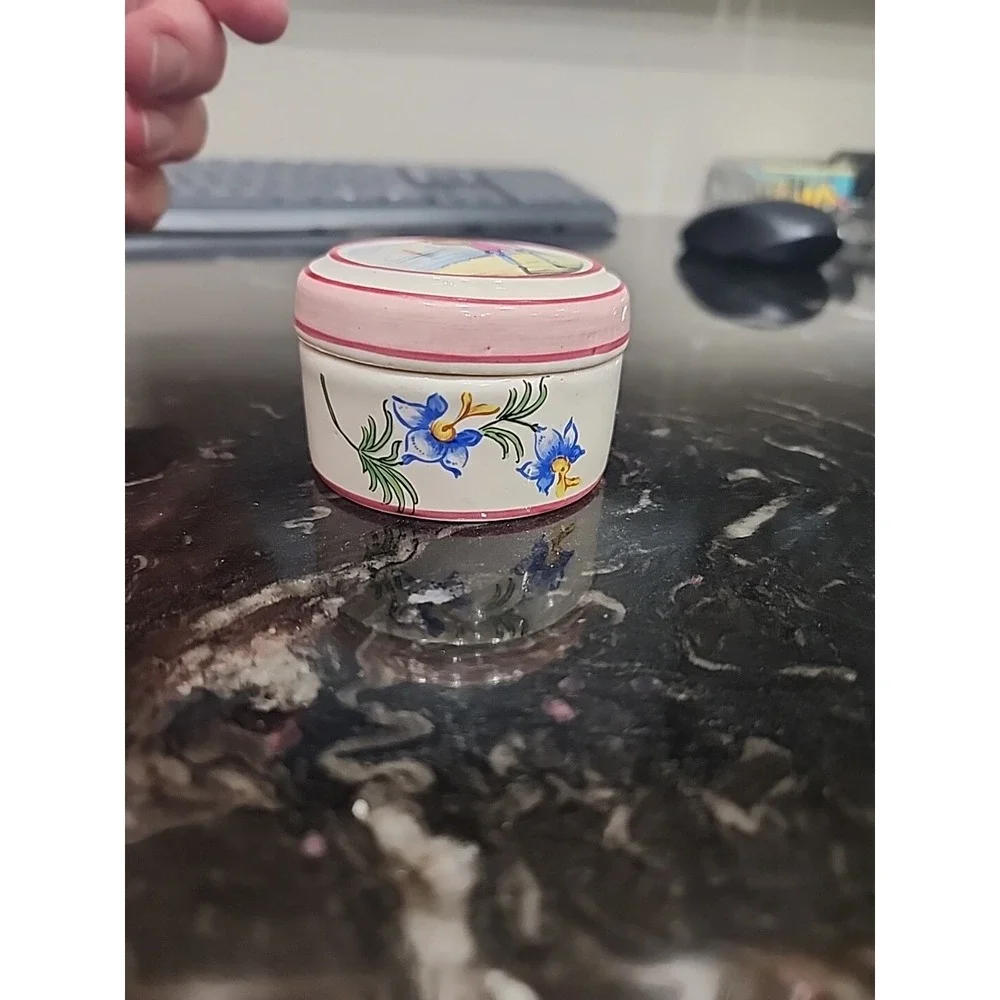 Vintage Small Hand Painted Trinket Box- Nantucket Basket & Flowers Signed France